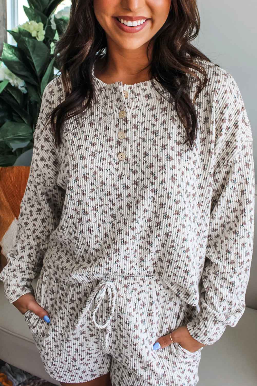 White Floral Print Ribbed Long Sleeve Pullover and Shorts Set White 95%Polyester+5%Elastane fe355031b69700ff