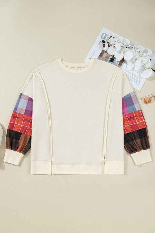 Plus Size Plaid Patchwork Long Sleeve Exposed Seam fe786c9c-3264-4fab-80f8-9beaf3fad3c3