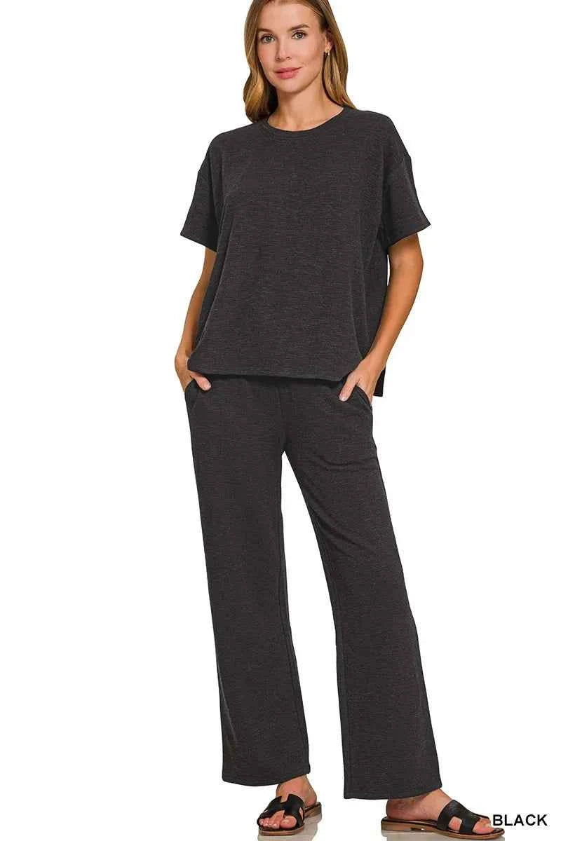 Zenana Slub Short Sleeve T-Shirt and Pants Set BLACK fe7ac238f1e04d9bb5b5c7c461bdad9e-Max-Origin