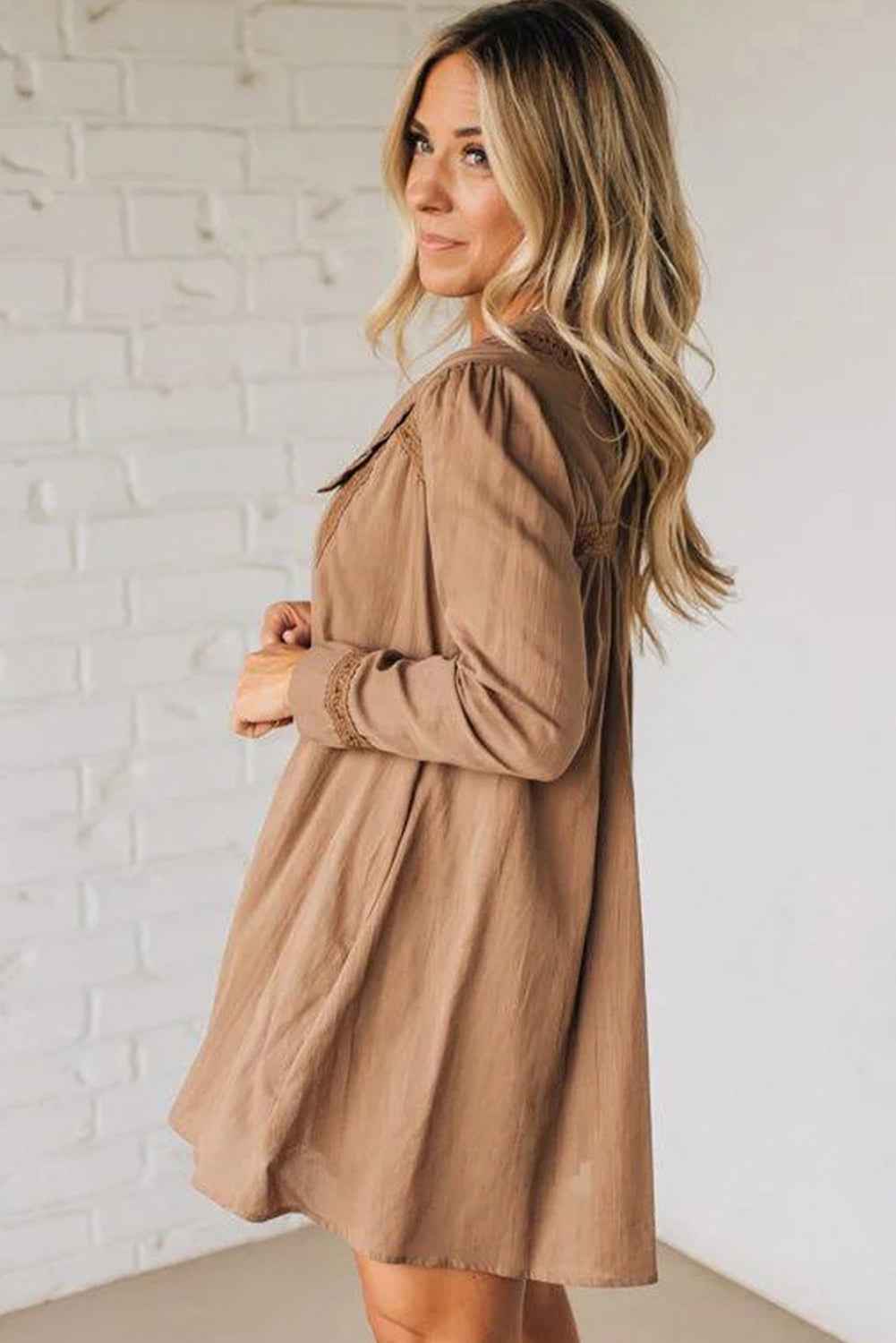 Straw Yellow Lace Trim Peter Pan Collar Long Sleeve Mini Shirt Dress febeb647b4cd893a