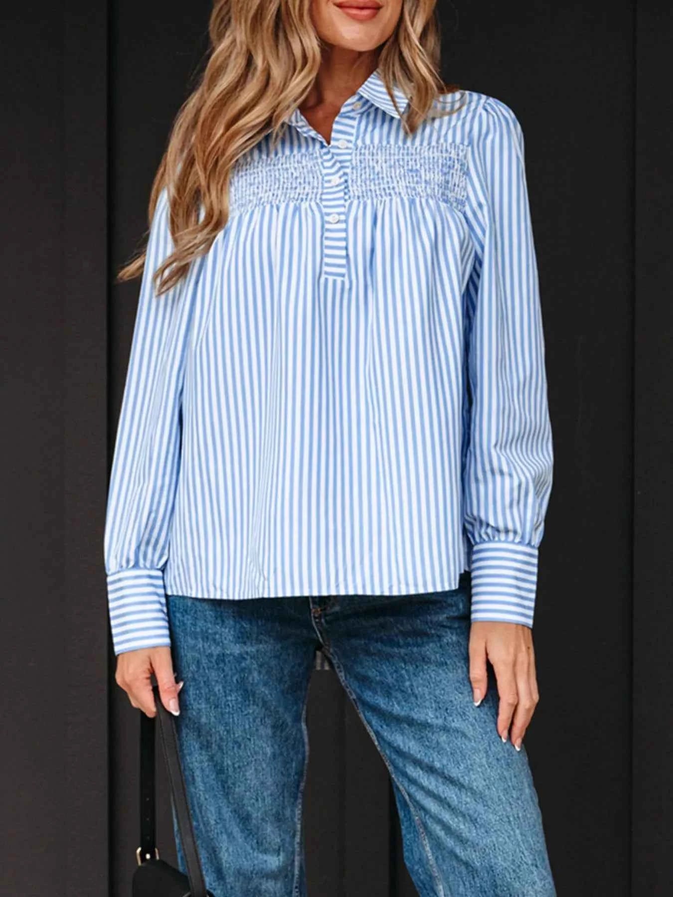 Stripe Shirred Detail Half Placket Collared Long Sleeve Shirt fed8cc6f-bdb4-40cf-8399-d0d8dc984e72-Max-Origin