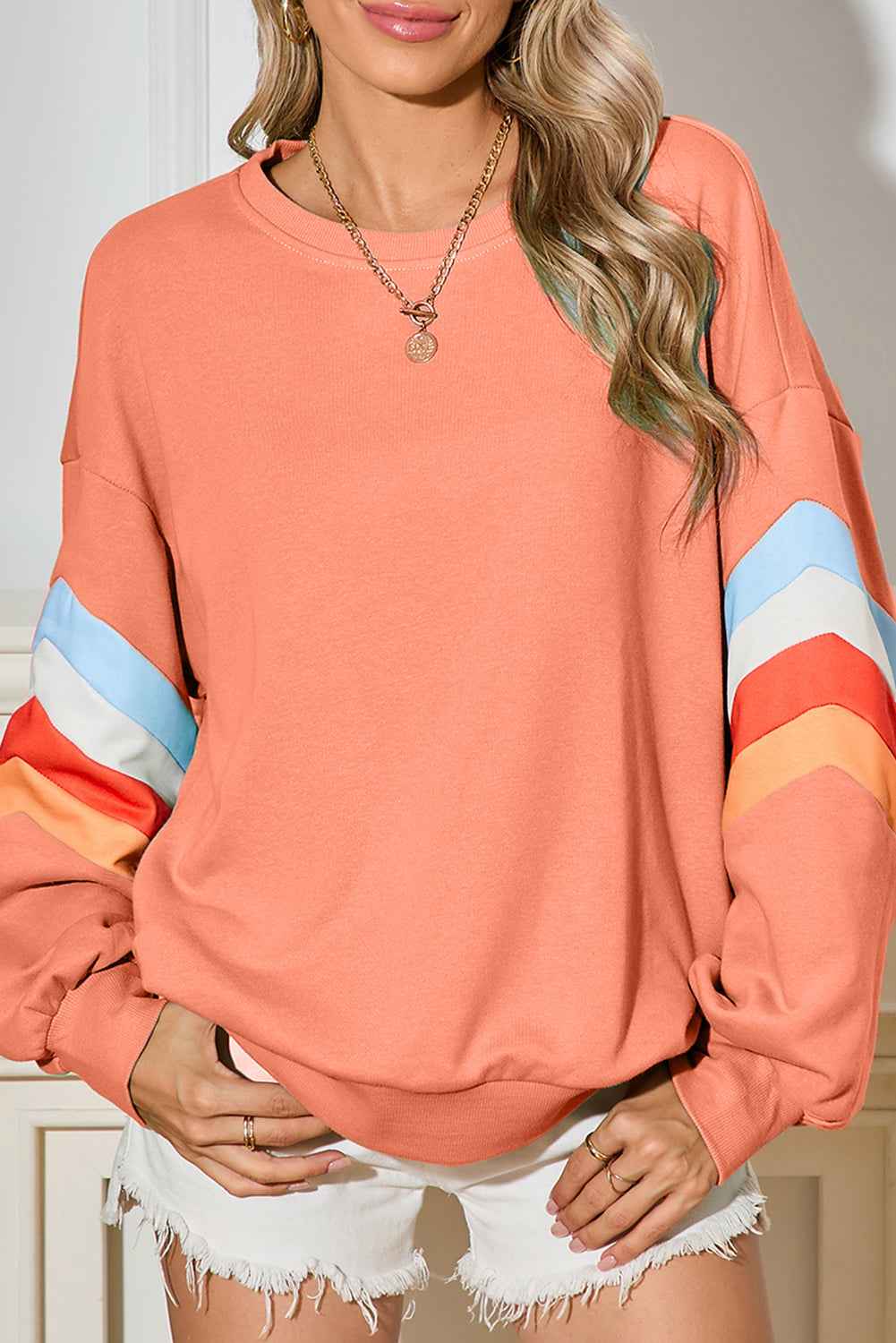 Moonlight Jade Patchwork Drop Sleeve Loose Sweatshirt Flamingo 65%Polyester+35%Cotton ff2c6b8021121770