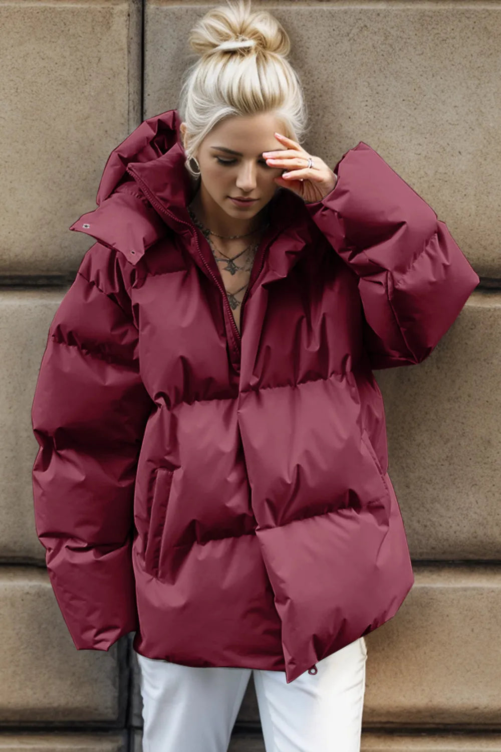 Pocketed Zip Up Hooded Puffer Jacket Burgundy ff3f39cc-6b98-4d50-a871-a02e9eb913de-Max