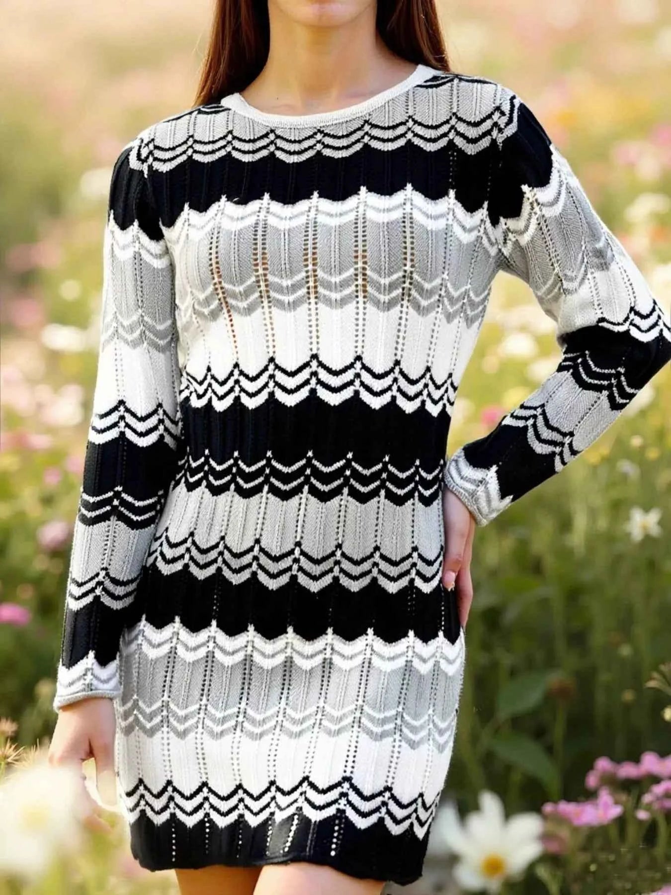 Openwork Wave Pattern Long Sleeve Sweater Dress ffc0cdd0-9a0d-44ae-9b6f-40c5734f0faa-Max-Origin