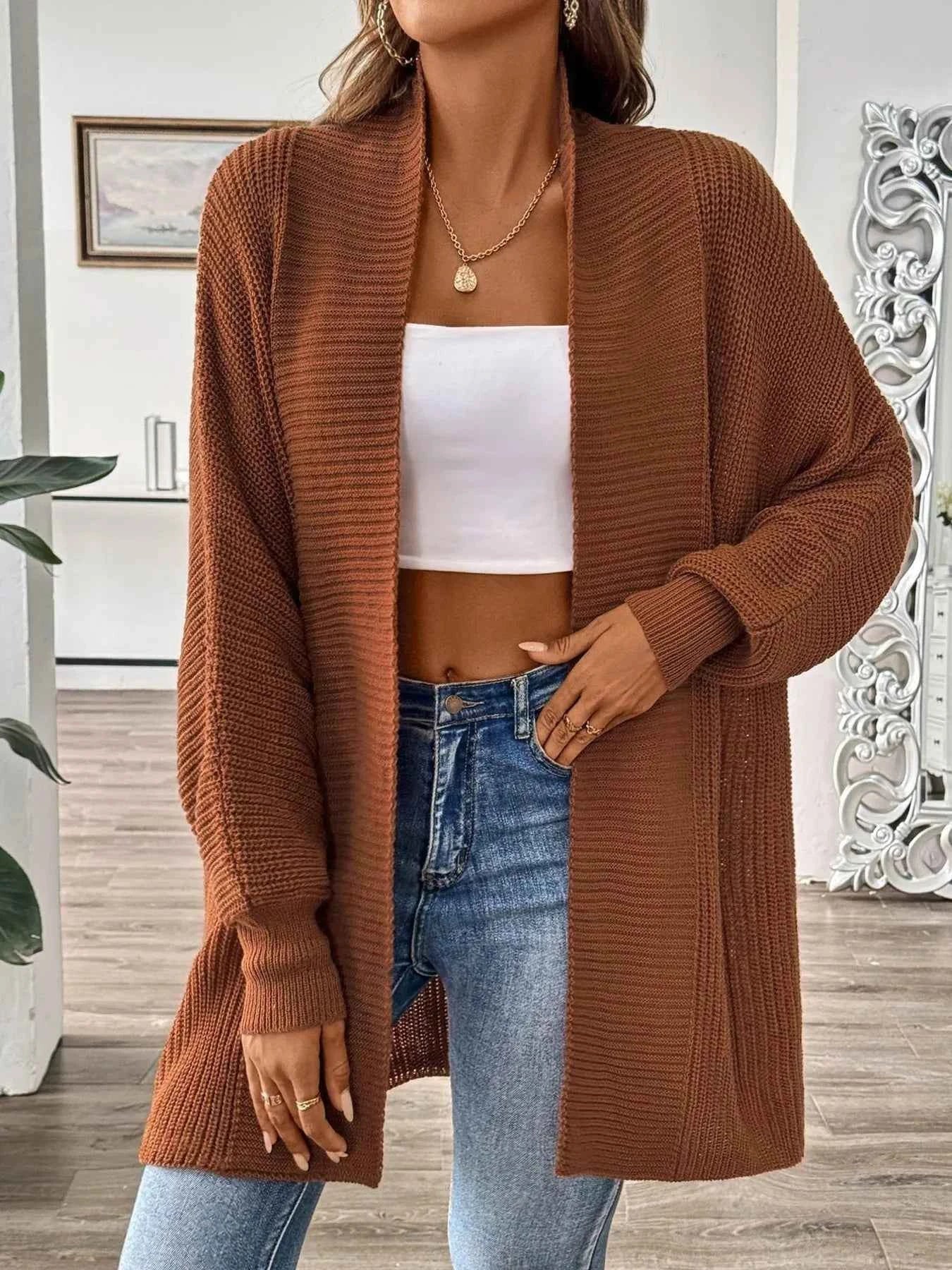 Oversized Knit Open Front Cardigan Brown One Size fff4e566d1944f8f9214b4a72c477d96-Max-Origin