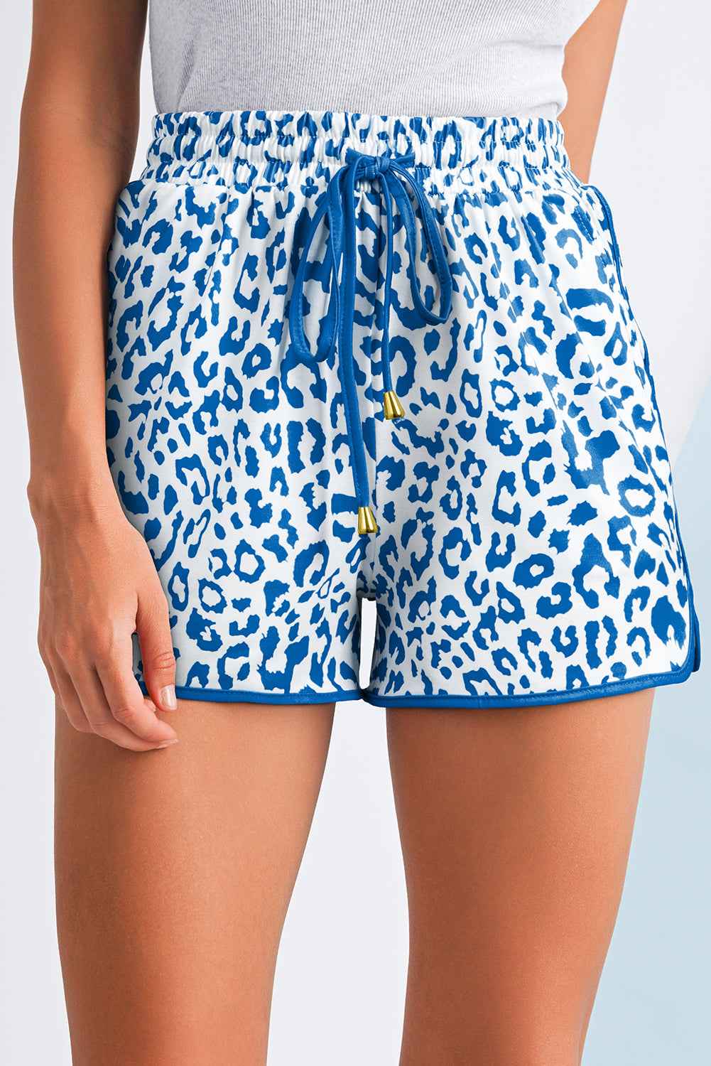 Blue Leopard Elastic Waist Lace up Contrast Trim Casual Shorts 000bf977d37bc7e7