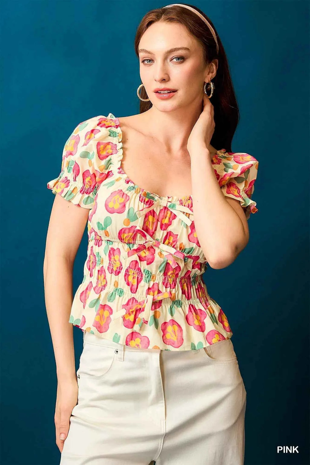 Umgee Floral Smocked Peplum Blouse Pink 00263054-94ea-4cbd-a80d-8f51a1831b5d-Max-Origin
