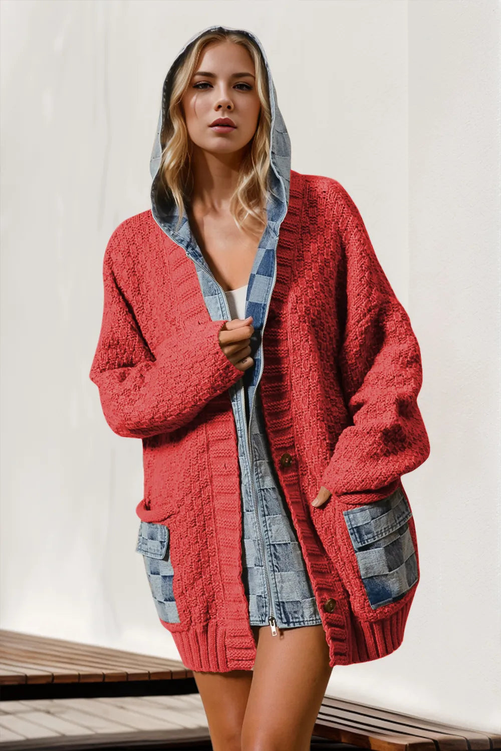 Double Take Full Size Hooded Denim Spliced Sweater Cardigan Deep Red 002fa3a1-4c19-4041-a5a3-7df463f86f67-Max