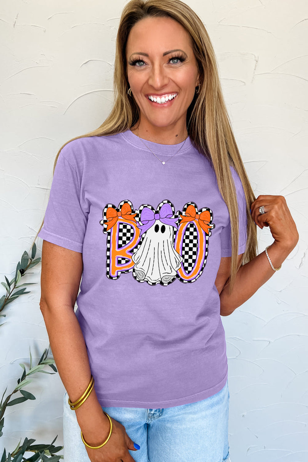 Wisteria Boo Checkered Ghost Heat Transfer Printing Crewneck Graphic Tee 00310fe55665d9e4