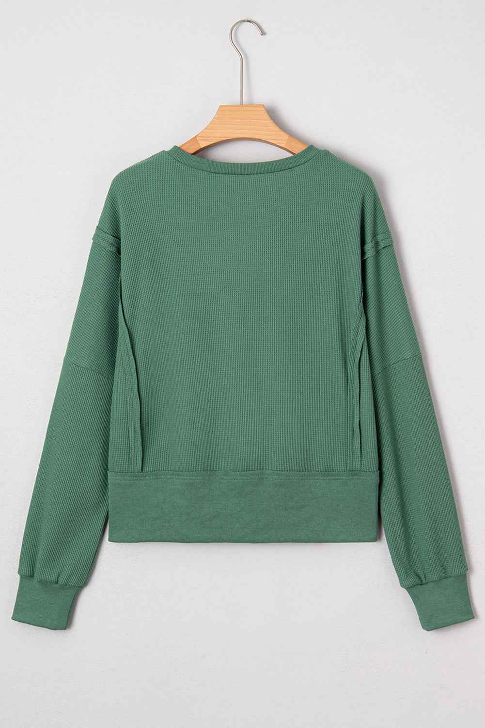 Evergreen Solid Color Raw Seam Patchwork Ribbed Drop Shoulder Sweatshirt 004127d2f2d24fba
