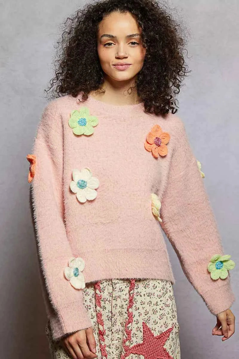 POL Round Neck Long Sleeve Sweater with 3D Floral Patch Detail ROSE PINK 00482c1a-58de-475d-90ac-ee8ca50167d4-Max-Origin
