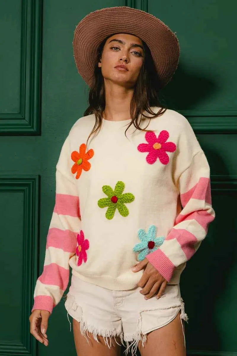 BiBi Colorful Floral Patched Sweater with Striped Sleeve 004d445c1fd542989d49947be200157e-Max-Origin