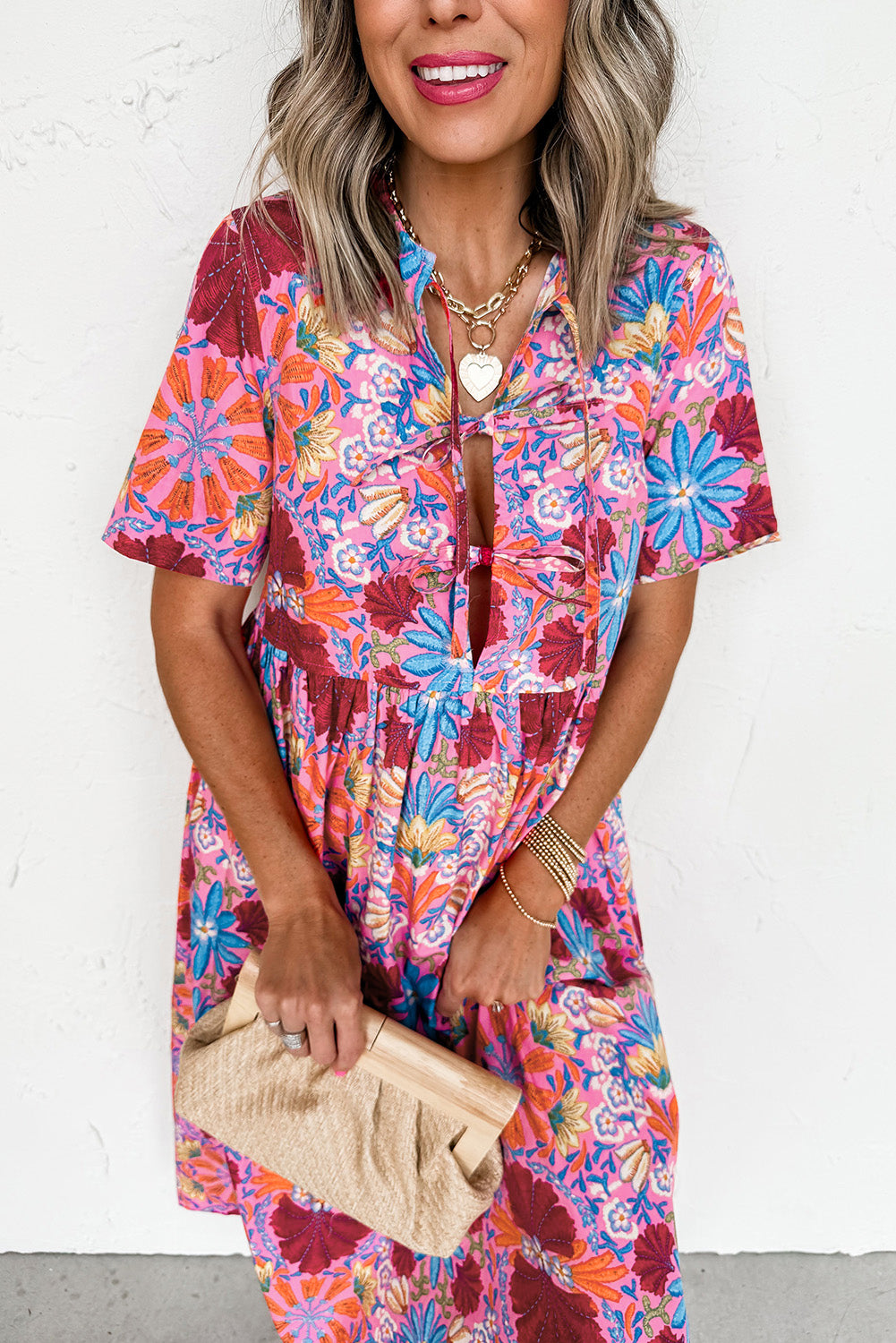 Rose Floral Print Tie Front High Waist Loose Midi Dress 005aad593bc8be77