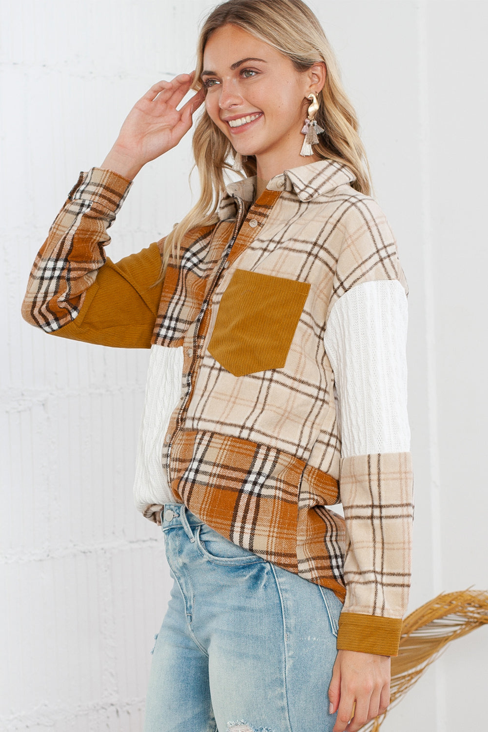 Orange Plaid Color Block Patchwork Pocket Shirt Shacket 0068e2a9a3feddca