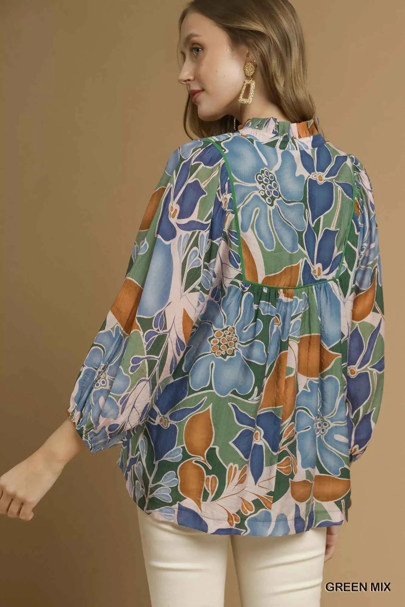 Umgee Multicolor Abstract Floral Print Blouse with Ruffle Neck 009455f1-ab1a-4c41-87b3-cb6d154fba6f-Max-Origin
