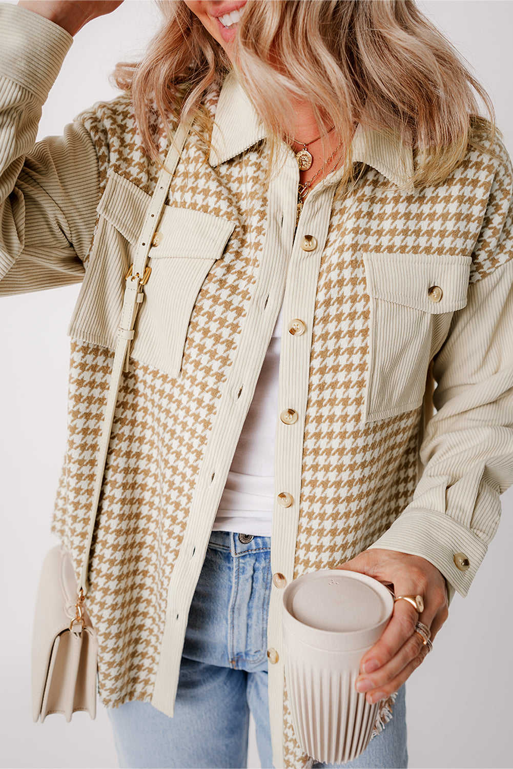 Parchment Houndstooth Corduroy Patchwork Flap Pocket Shacket 009d73d3ac9726a4