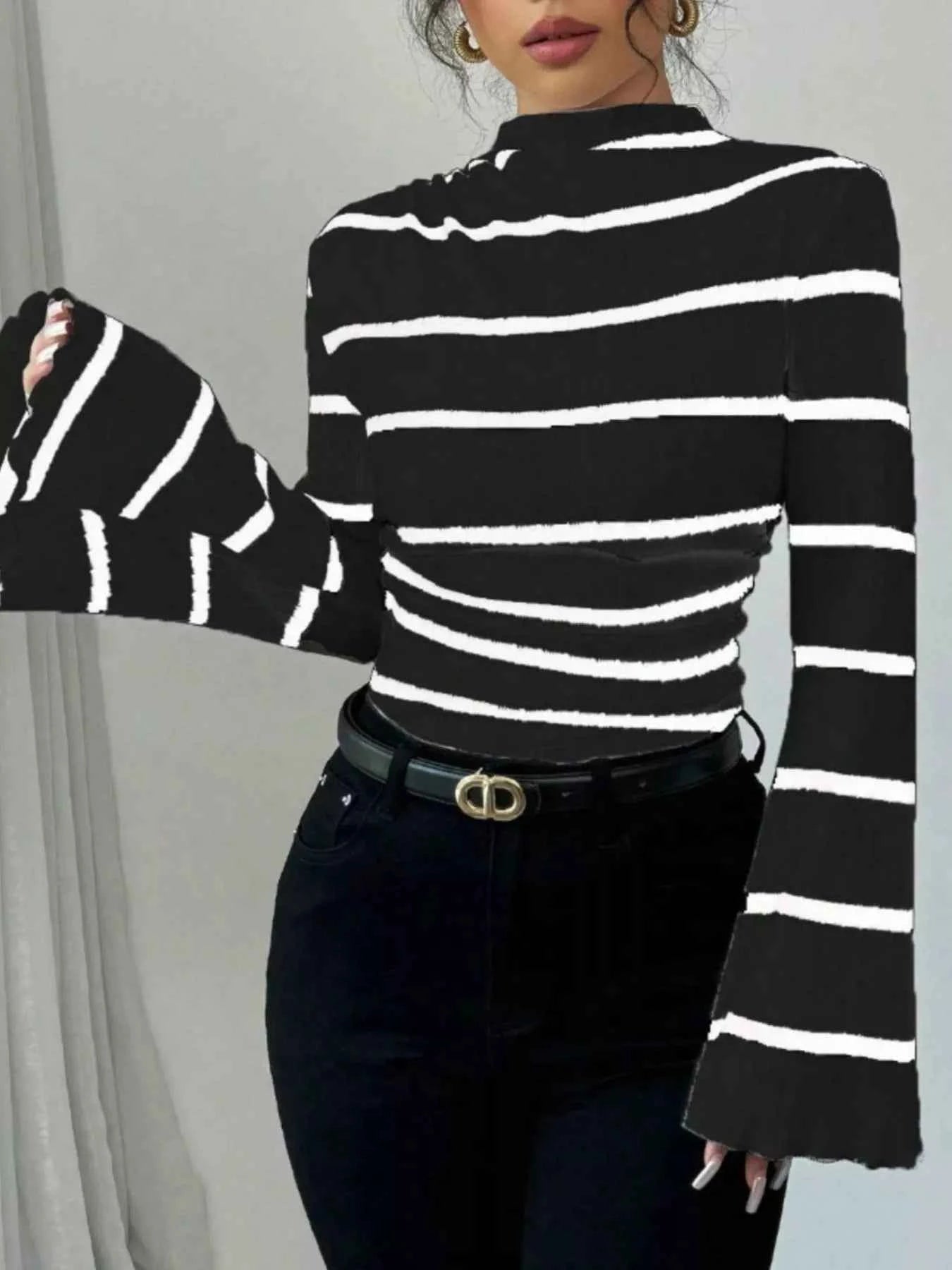 Striped Mock Neck Flare Sleeve Knit Top 00b5130d-e84f-4c83-aa59-b5a35c4d3aba-Max-Origin
