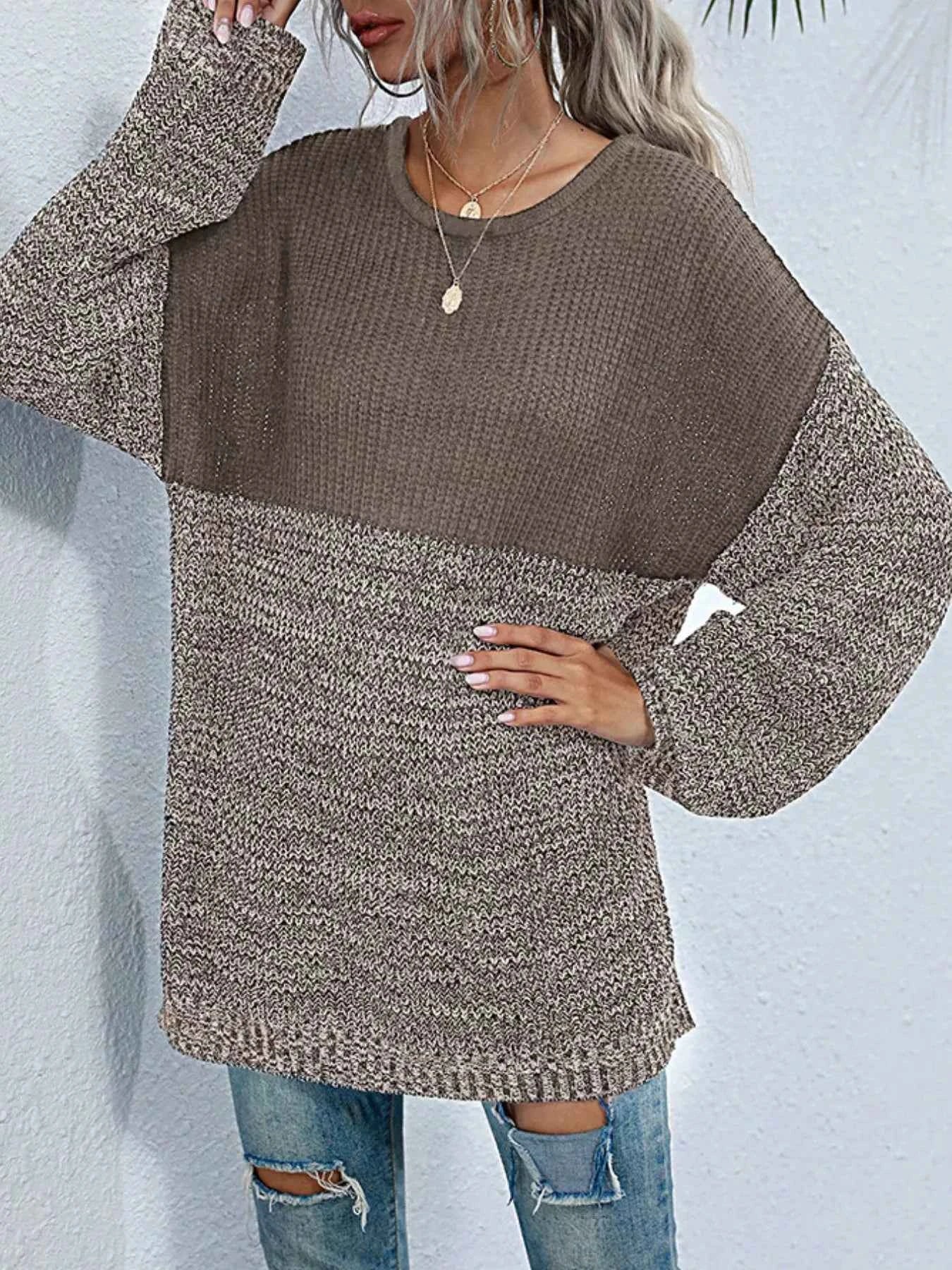 Color Block Long Sleeve Oversized Sweater Khaki 00f12a7b-a66d-4a33-9c62-b08eba65b959-Max-Origin