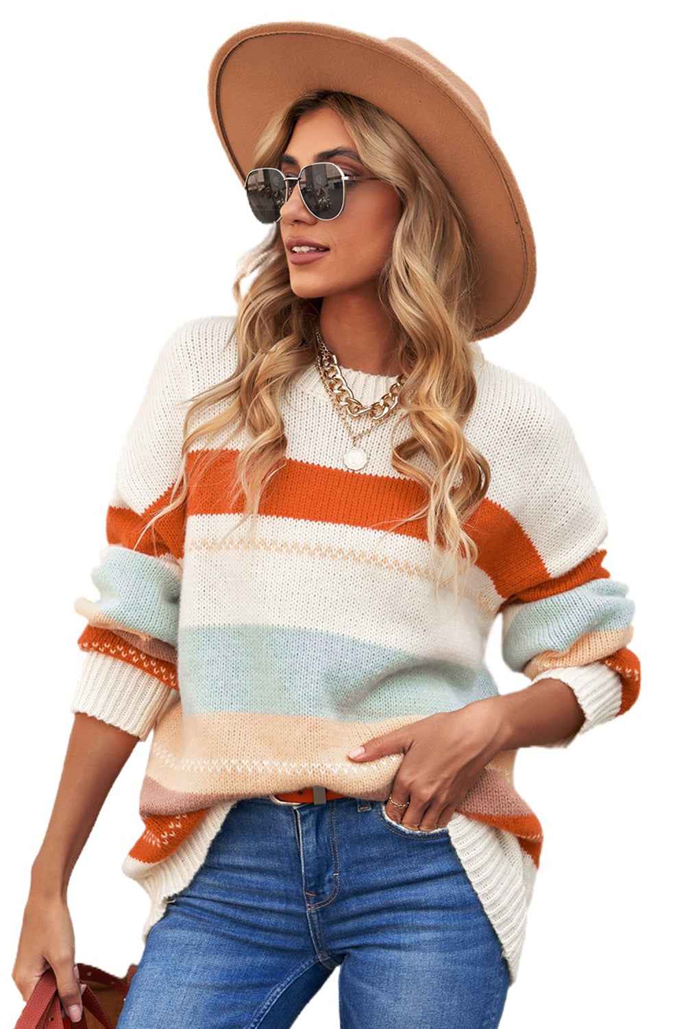 White Striped Color Block Drop Shoulder Knit Sweater 010dc4d132015fde