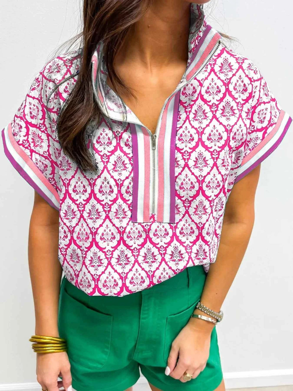 Printed Half Zip Short Sleeve Blouse Pink 01214bbc-6a41-4473-92a8-e46ccd4754e5-Max-Origin