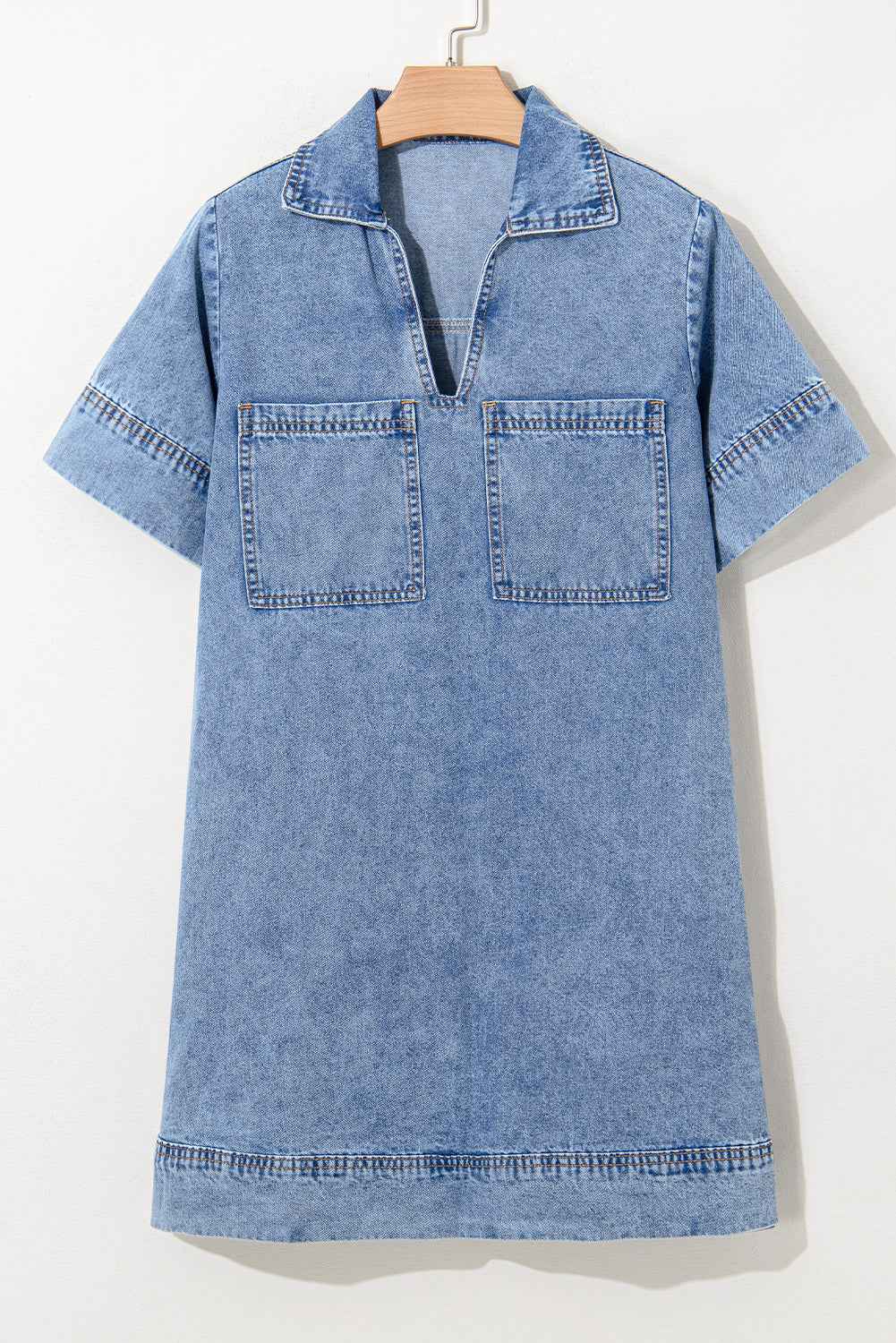 Blue Short Sleeve Collared Chest Pocket Denim Mini Dress 01249ace4c0ed7a7
