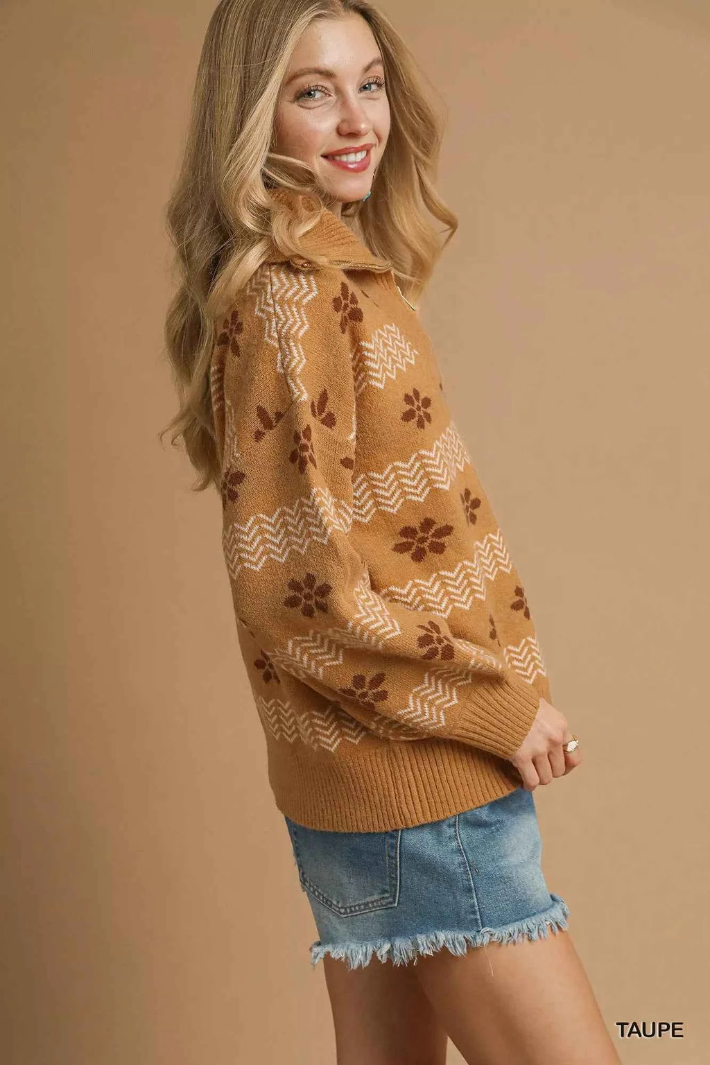 Umgee Floral Patterned Jacquard Quarter-Zip Pullover Sweater 01286337-f93f-42eb-939e-14ccbfc4a0f2-Max-Origin