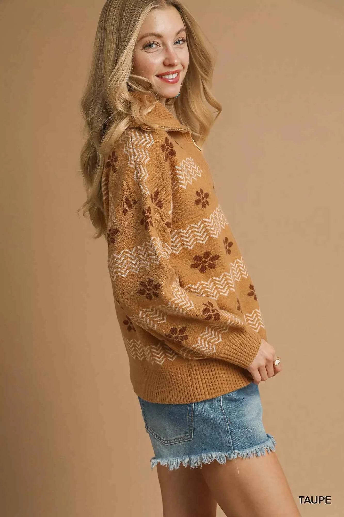 Umgee Floral Patterned Jacquard Quarter-Zip Pullover Sweater 01286337-f93f-42eb-939e-14ccbfc4a0f2-Max-Origin