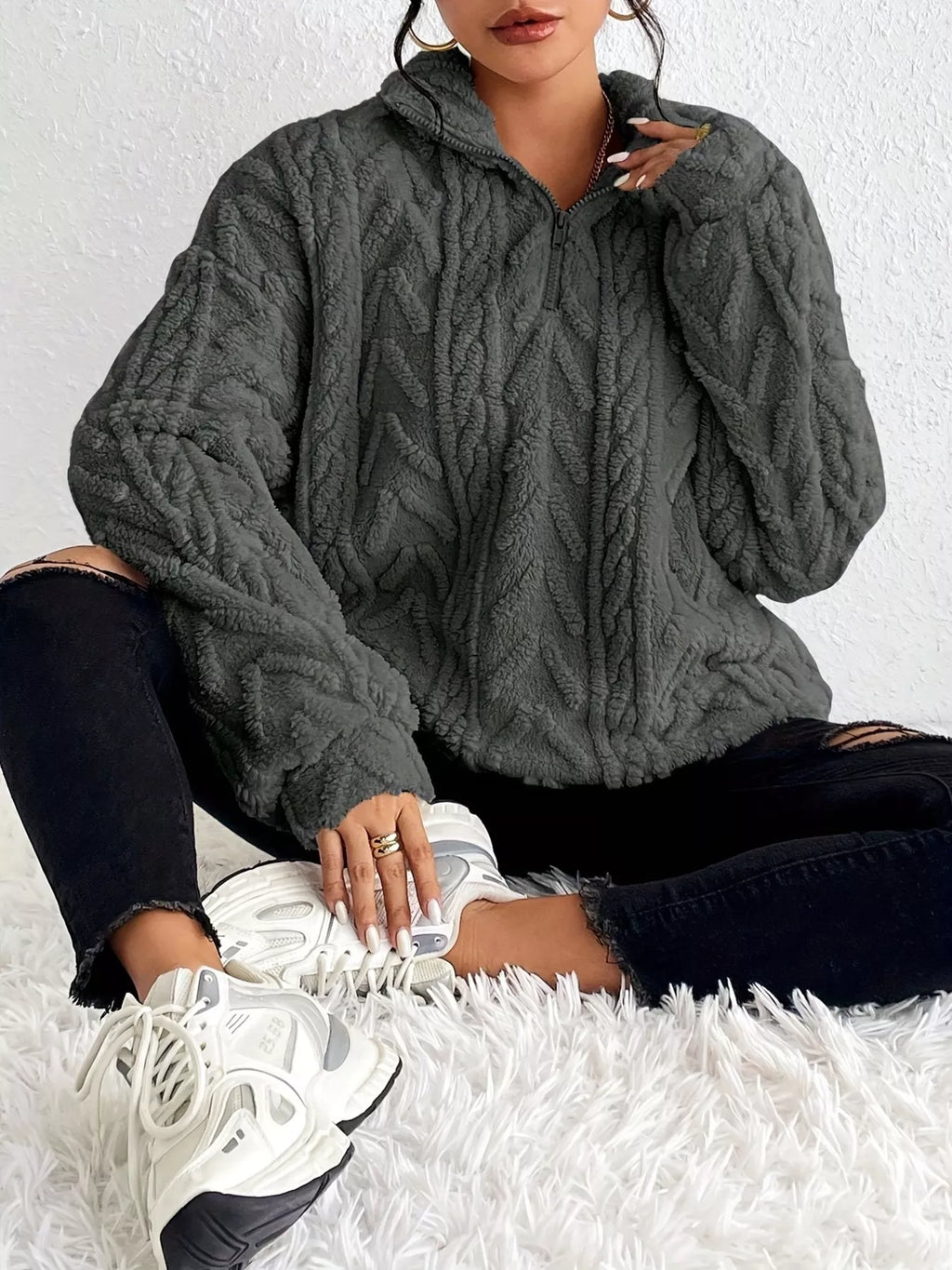 Quarter Zip Dropped Shoulder Sherpa Sweatshirt 012d68090ca84b56974fbd788abc1a3c-Max-Origin