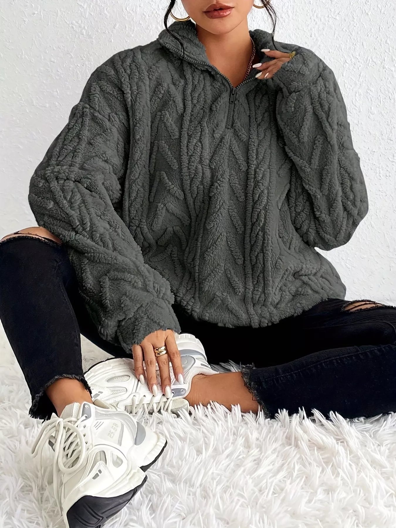 Quarter Zip Dropped Shoulder Sherpa Sweatshirt 012d68090ca84b56974fbd788abc1a3c-Max-Origin