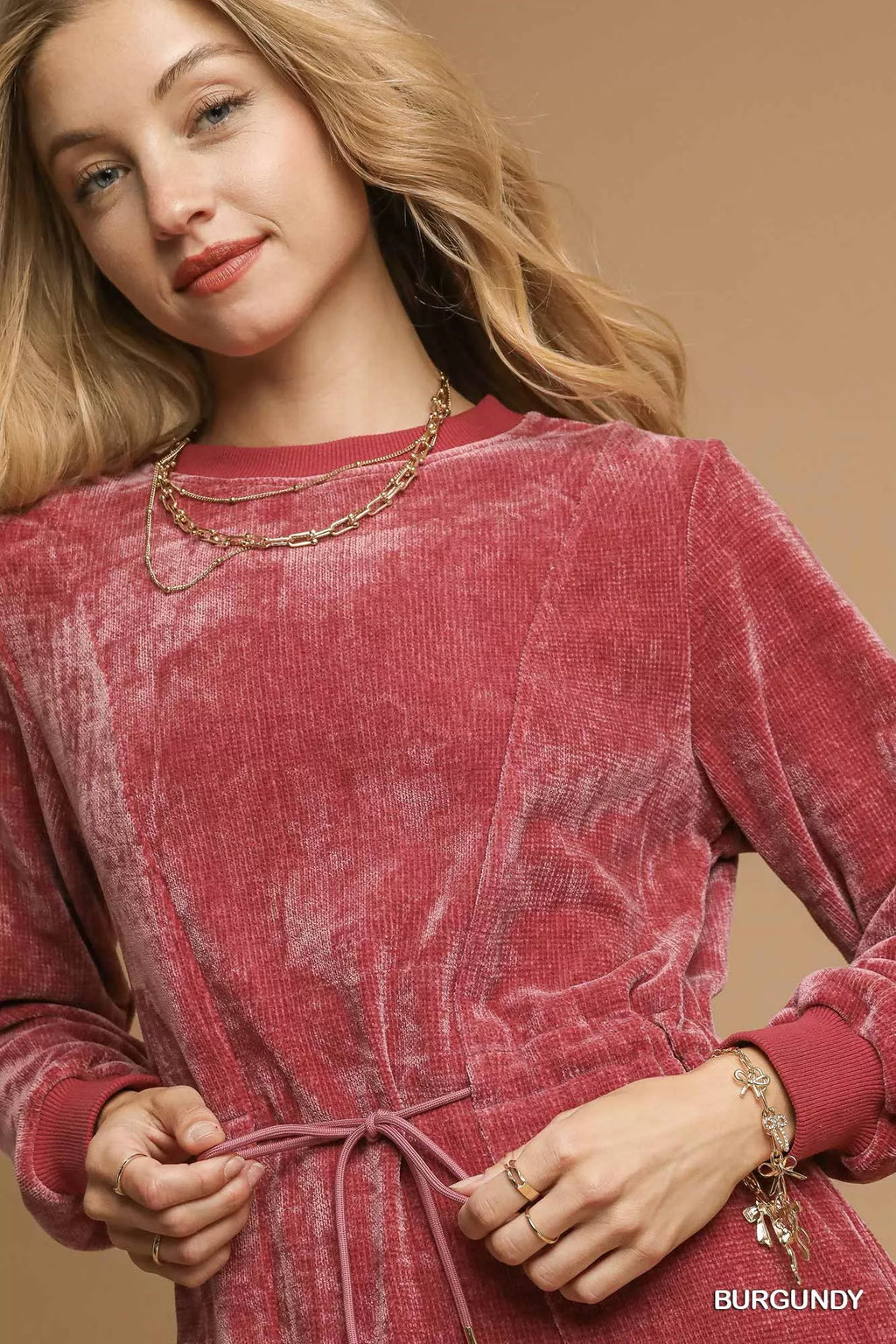 Umgee Velour Drawstring Mini Dress with Long Sleeves 0132fa96-21cf-474a-a74d-37d548165cef-Max-Origin
