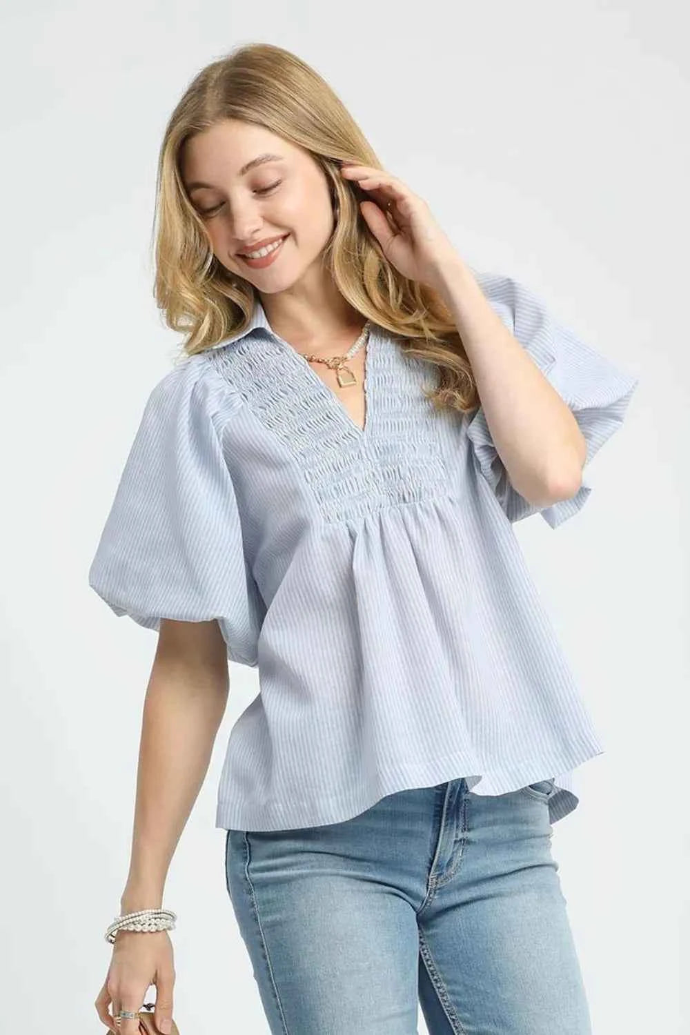 Umgee Smocked Puff Sleeve Blouse Light Blue 0144144b-a30f-4584-b649-177f5f9ff2dc-Max-Origin