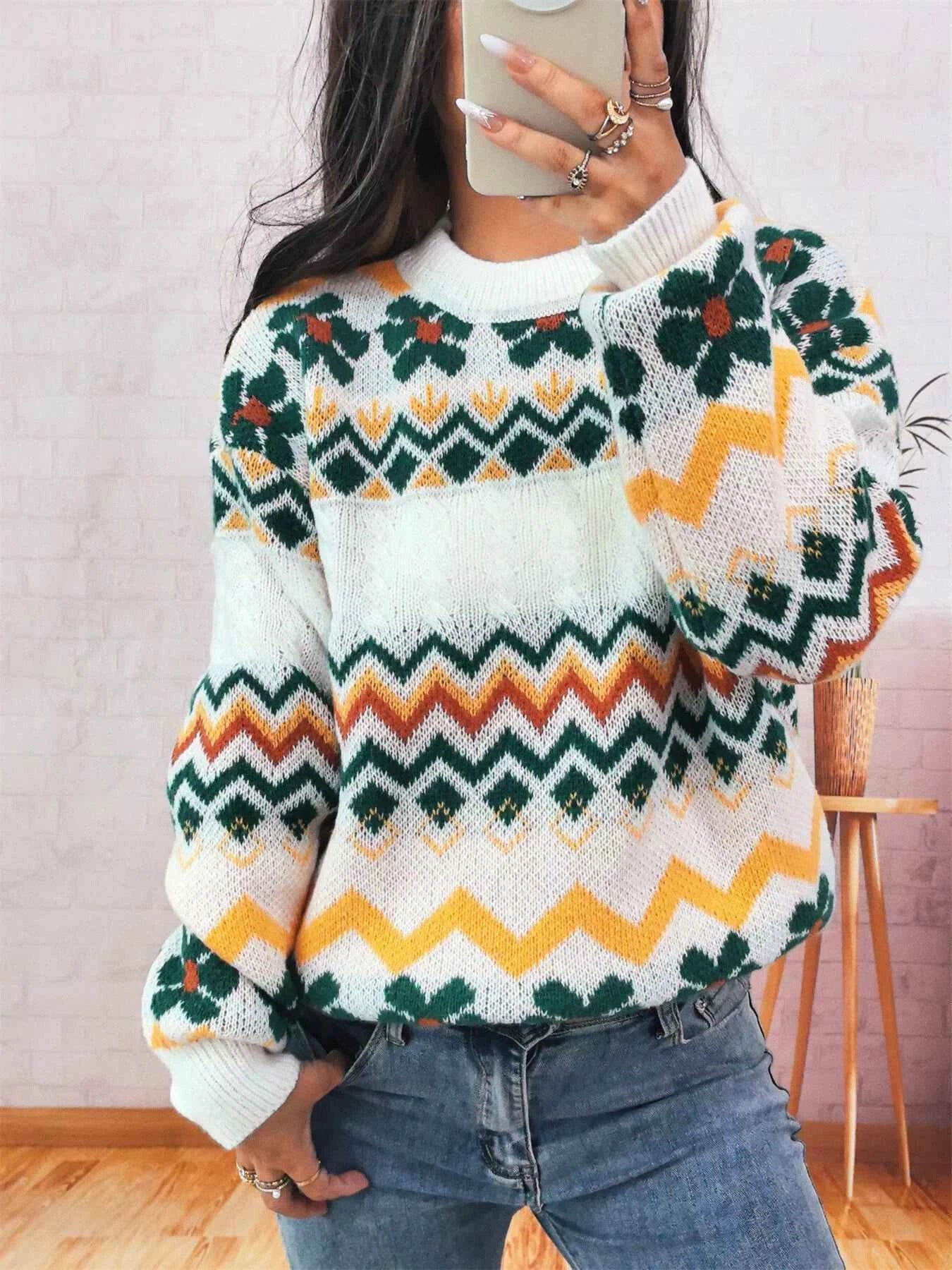 Geometric Round Neck Long Sleeve Sweater 015a26850b4b4732a7865321f3079ab2-Max-Origin