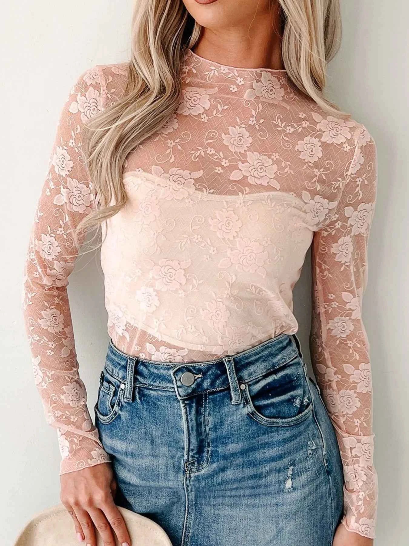 Lace Mock Neck Long Sleeve Blouse Dusty Pink 015a8c3f-8193-4a1b-94d4-d9bba3094d3d-Max-Origin