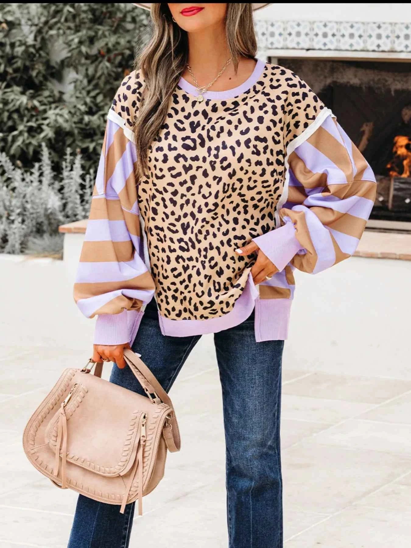 Stripe Color Block Patchwork Leopard Casual Sweatshirt with Slits 015d2551-d155-4faf-95b1-1a594a155ec8-Max-Origin