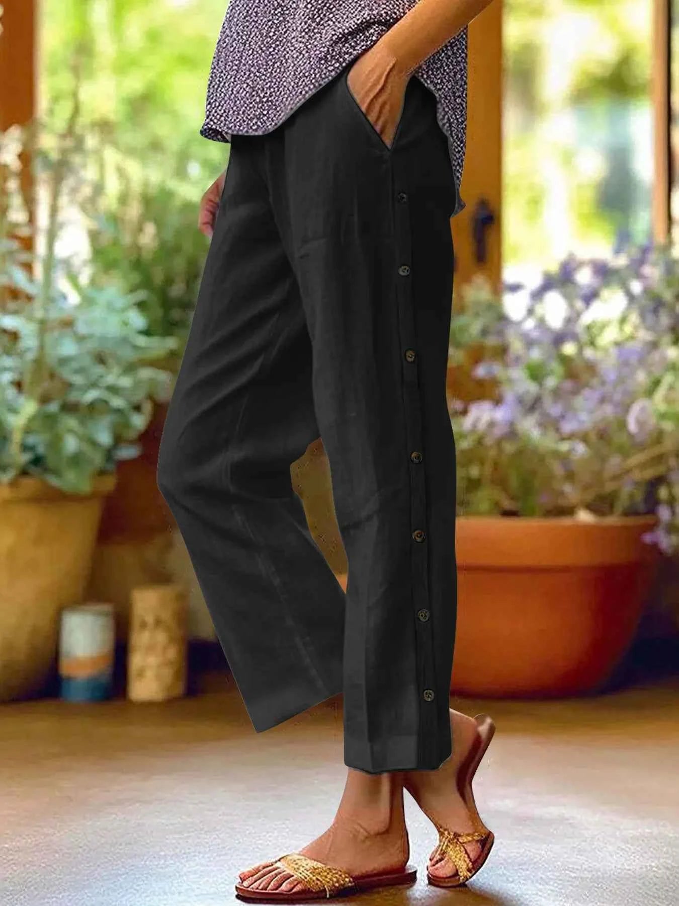Full Size Side Decor Button Casual Wide Leg Pants Plus Size Black 015e5c8dbbe14372a45db10354a4dada-Max-Origin