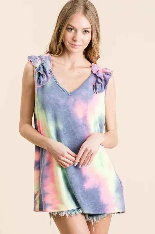 BiBi Tie Dye French Terry V Neck Top with Ruffle 015f4ffd05e846f49521829f7cd7714f-Max-Origin