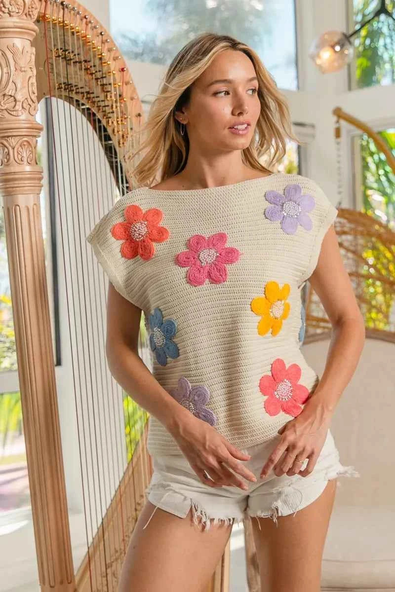 BiBi Multi Jeweled Crochet Flower Patch Sweater Vest OATMEAL 016f68ae41b4499eb06d4f81698dbaa8-Max-Origin