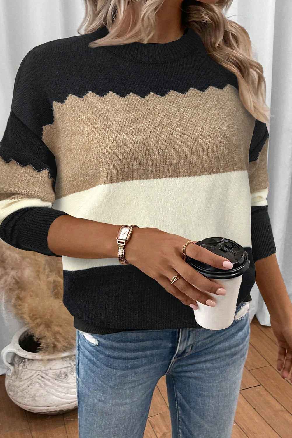 Black Colorblock Crew Neck Drop Shoulder Sweater 01749e1e31a8a96c