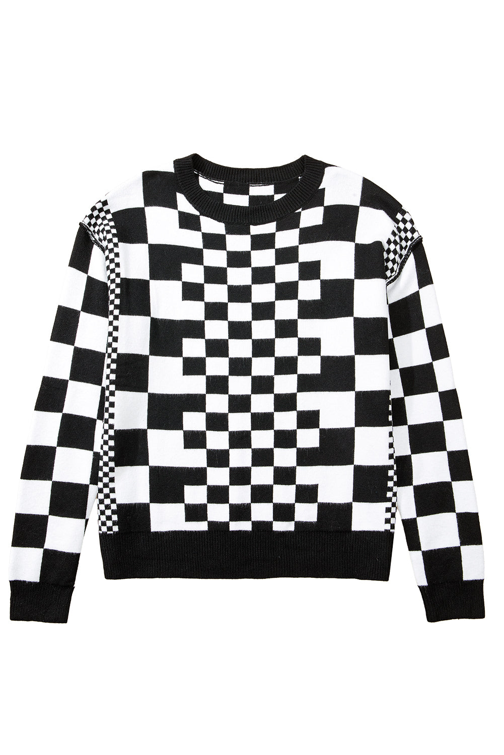 Black Checkered Drop Shoulder Round Neck Sweater 0176b849e1c3d91e