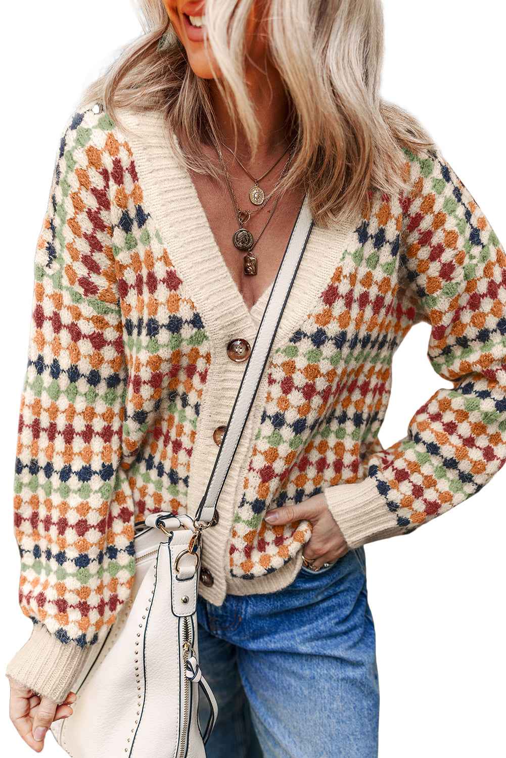 Multicolour Dotty Pattern Button Front V Neck Knit Cardigan 01811fe36e4f702b