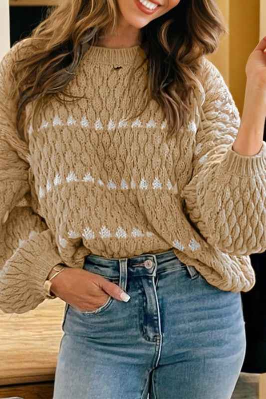 Colorblock Textured Knit Puff Sleeve Sweater Pale Khaki 01874c38-ac16-4712-a9ce-551031292c1e