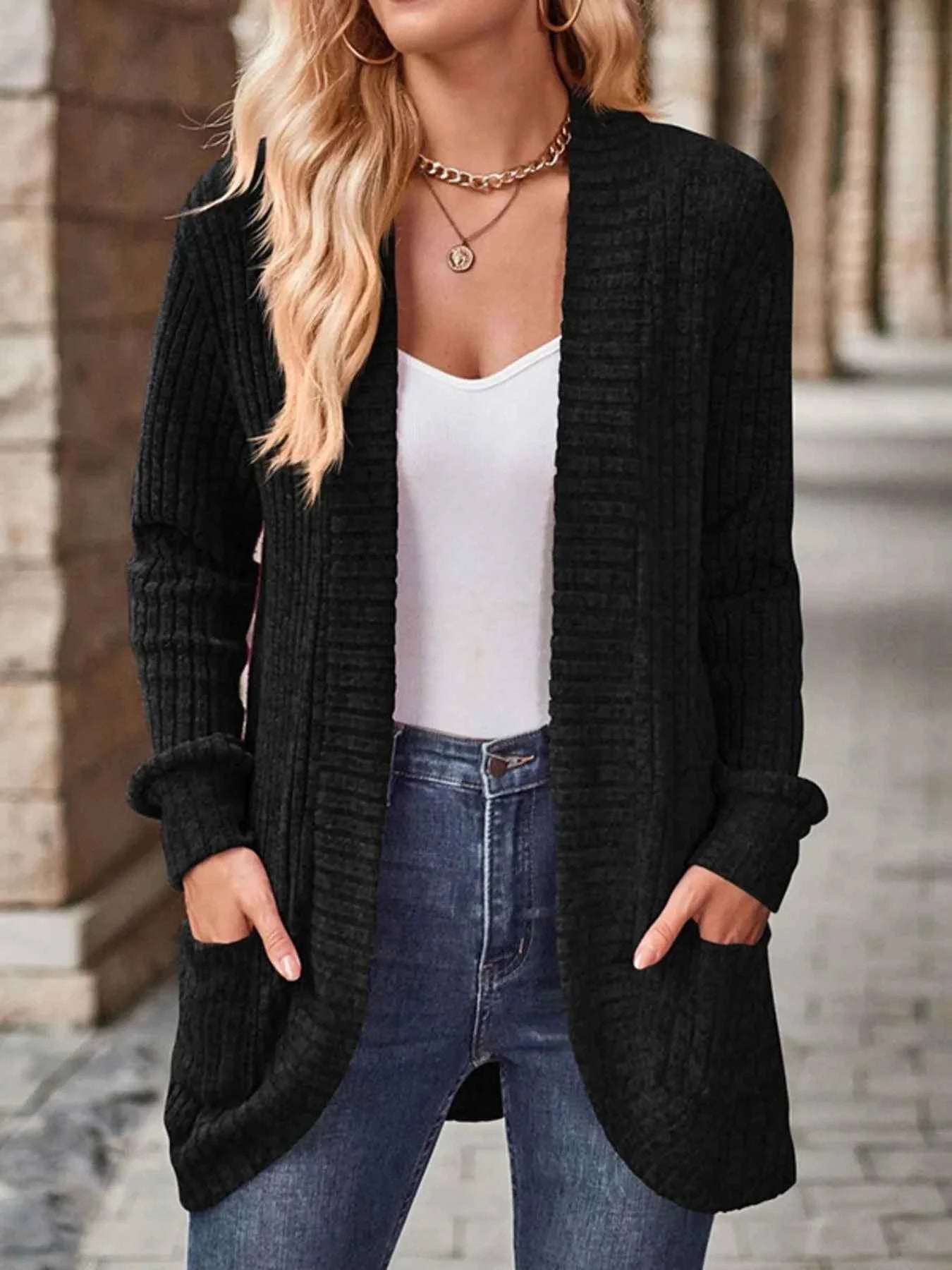 Ribbed Knit Open Front Cardigan with Pockets Black 01a1693b-216b-4b5a-b840-33209e93f30a-Max-Origin
