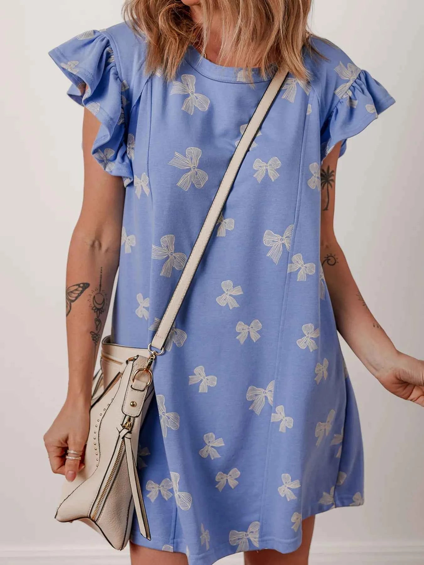 Bow Knot Print Crewneck Ruffled Sleeve Shift Mini Dress 01a89b054fc74114be91a8672c9bd40a-Max-Origin