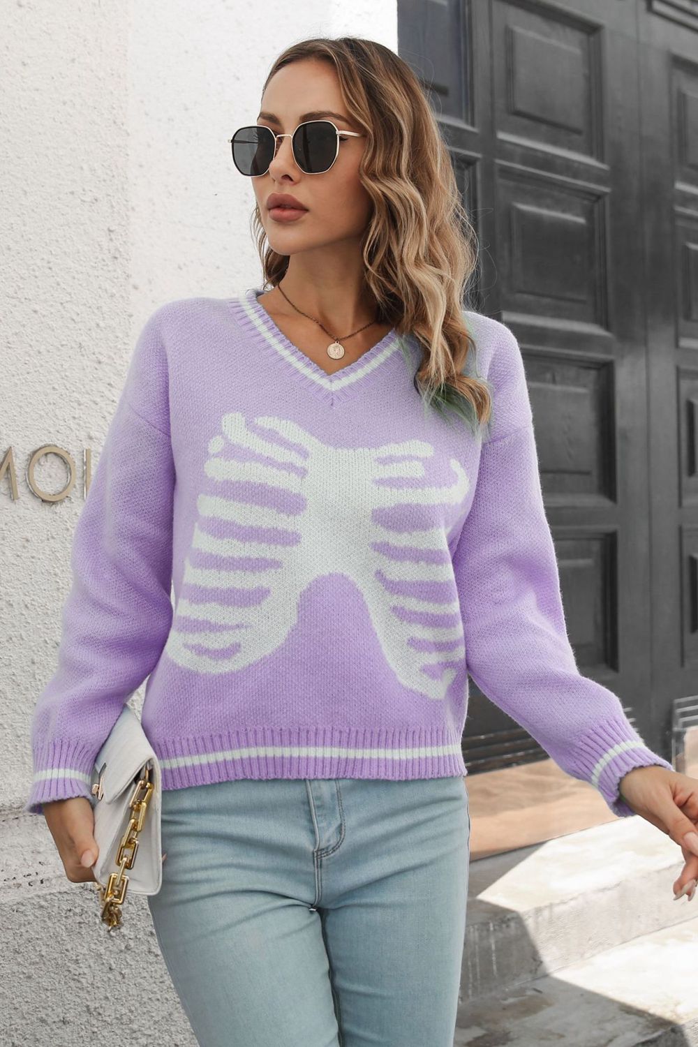 Skeleton Pattern V-Neck Long Sleeve Pullover Sweater 01b975765d5a4e5eab52f2b42c061956-Max