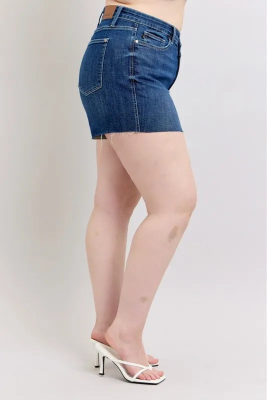 Judy Blue Full Size High Waist Criss-Cross Waistband Denim Shorts Plus Size 01c00639-8d8f-424b-8e5f-20814abfa1dc-Max-Origin