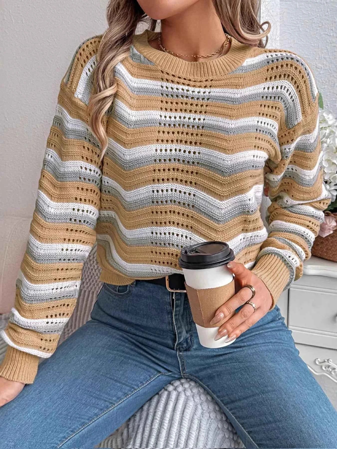 Striped Round Neck Long Sleeve Sweater Khaki 01d0ca1694f64af087bf395e24050fee-Max-Origin