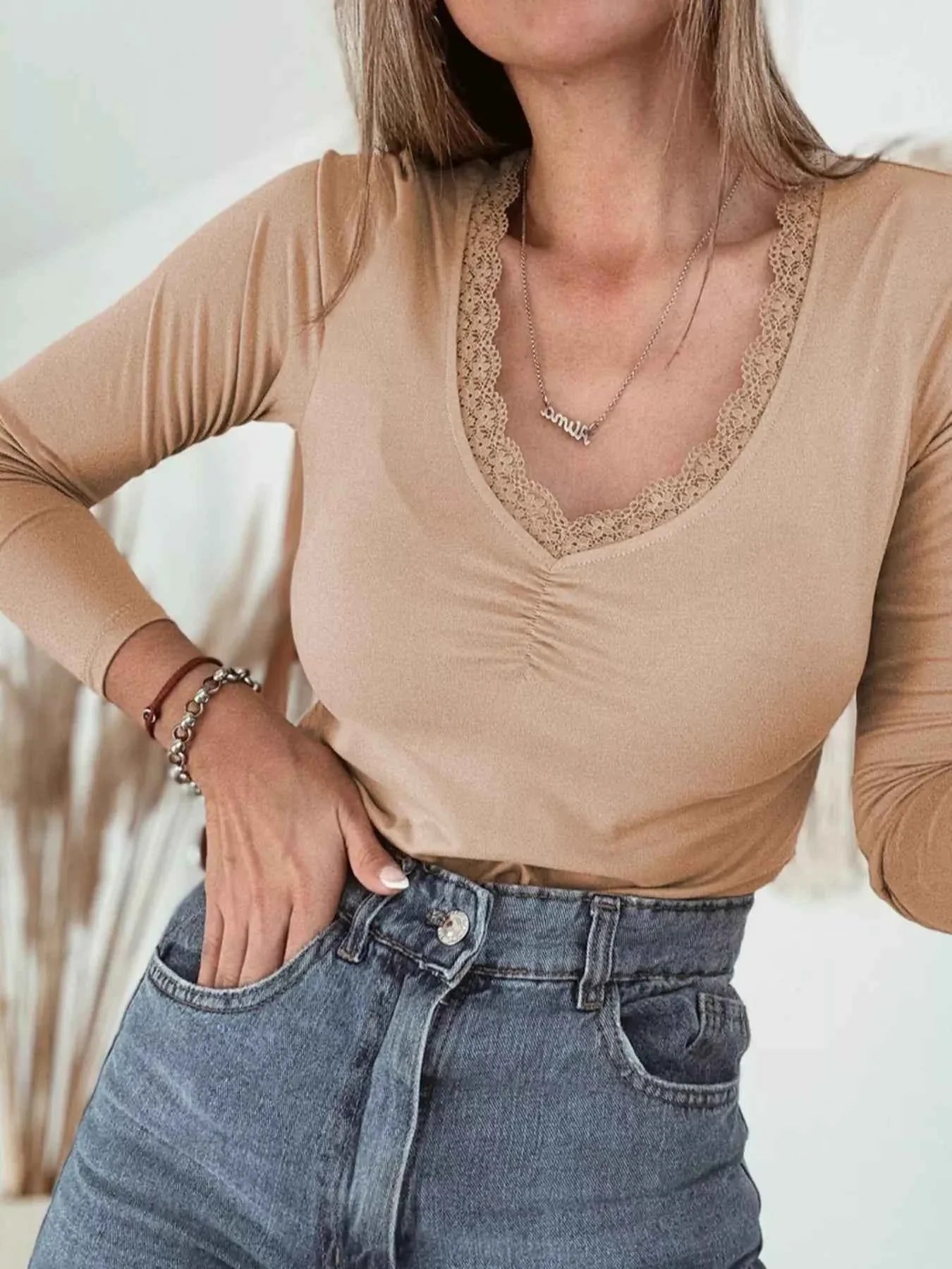Lace-Trimmed Ruched Detail Long Sleeve T-Shirt Camel 01dcf2b53c6d4702bed7e88f4f62a6b6-Max-Origin
