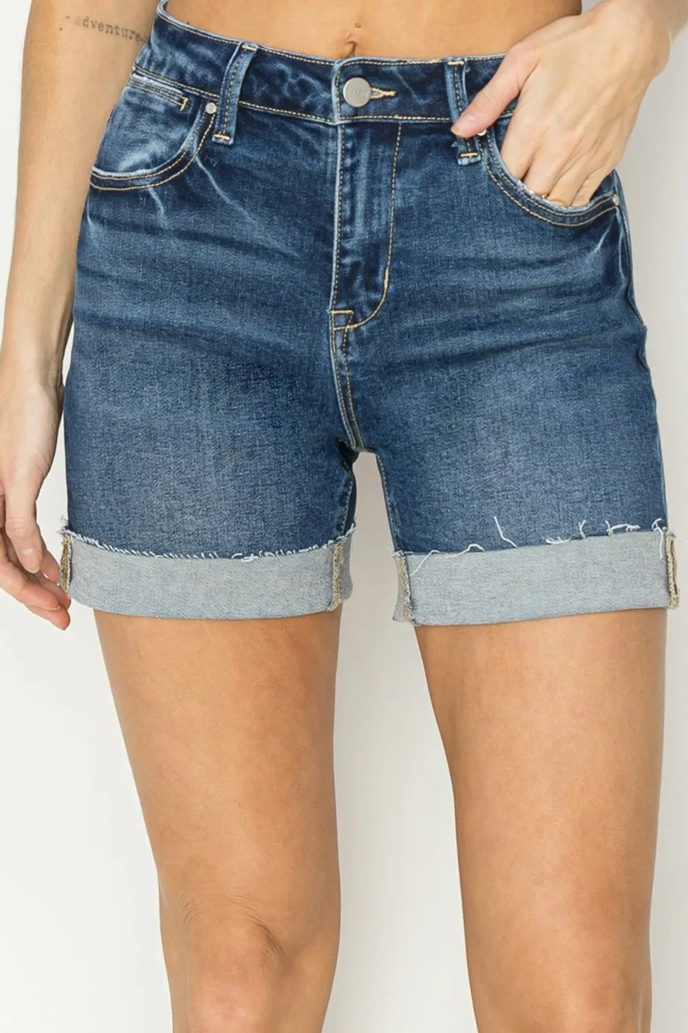 RISEN High Rise Cuffed Denim Shorts Dark 01e393ac-6db5-4a68-ba5a-32be4366c2e3-Max