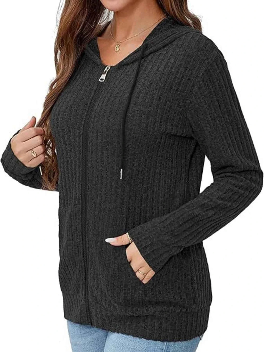 Ribbed Zip Up Hooded Outerwear Black 01ecef121c1f4bcba3074ce509eda52a-Max-Origin