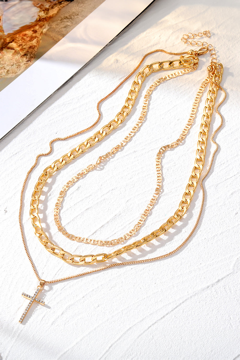 Silvery Rhinestone Cross Pendant Multi Layer Stacked Chain Necklace 0200b94b67323c19